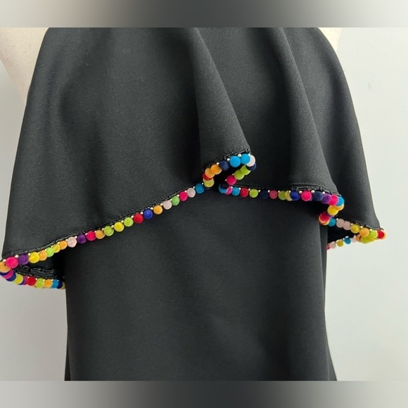 Loveriche Pompom Trim Ruffled Top Dress Swimsuit Coverup Women Sz S Black Short - Picture 2 of 9